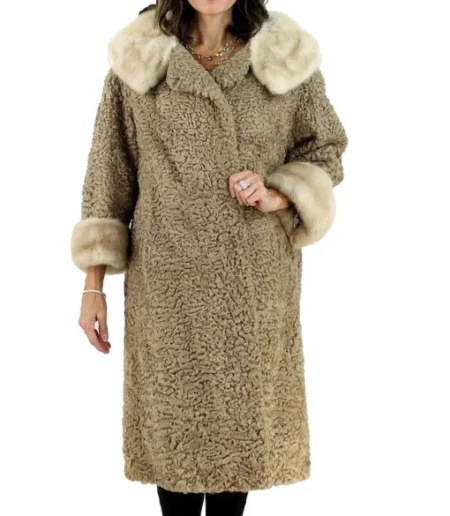 Women’s Astrakhan Persian Karakul Lamb Fur Mid Length Coat With Real Cream Mink Fur Collar