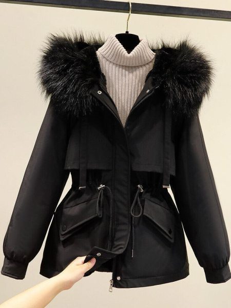 Women's Black Cotton Blend Parka Padded Hooded Jacket