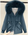 Women’s Blue Cotton Blend Parka Padded Hooded Jacket