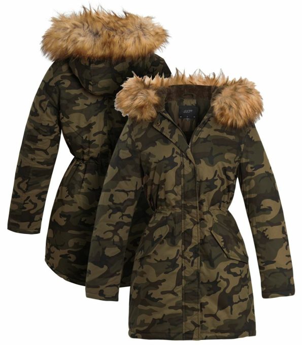 Womens Khaki Camo Parka Padded Hooded Coat