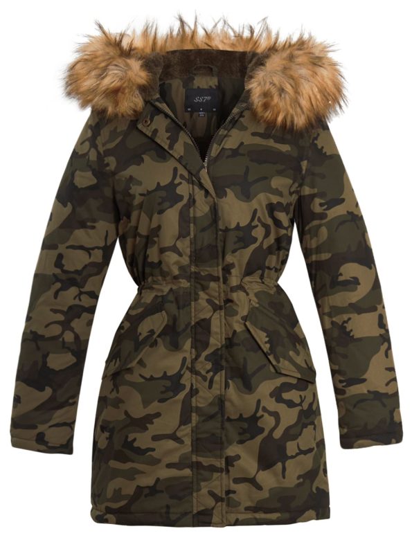 Womens Khaki Camo Parka Padded Hooded Coat.