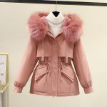 Women's Pink Cotton Blend Parka Padded Hooded Jacket