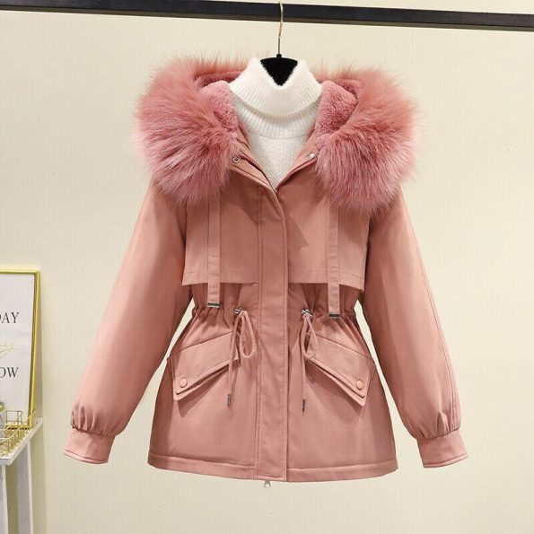 Women's Pink Cotton Blend Parka Padded Hooded Jacket