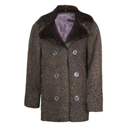 Women’s Winter Persian Karakul Astrakhan Lamb Mink Fur Collar Double Breasted Brown Coat