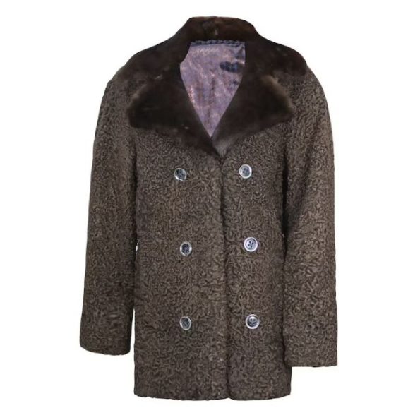 Women’s Winter Persian Karakul Astrakhan Lamb Mink Fur Collar Double Breasted Brown Coat