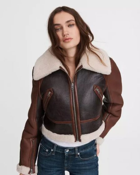 Cropped Aviator Shearling Brown Jacket