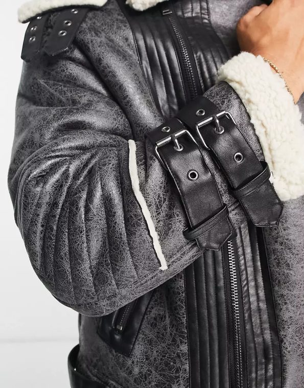 River Island Crackle Faux Shearling Aviator Jacket