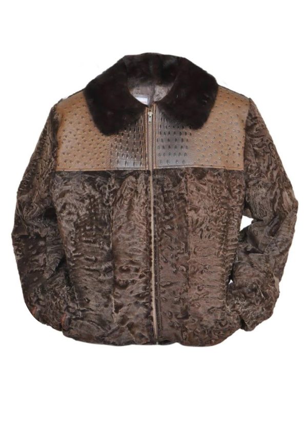 B3 Bomber Astrakhan Brown Broadtail Persian Lamb With Mink Fur Collar Jacket