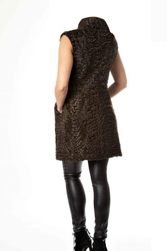 Dennis Karakul Persian Lamb Astrakhan Shearling Fur Sleeveless Mid Length Brown Coat.