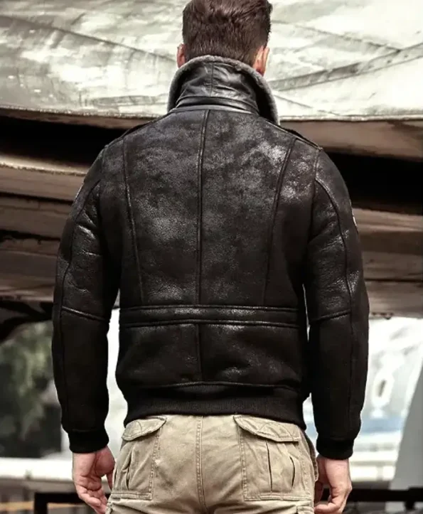 Gabriel Shearling Fur Shoulders Straps Distressed Black G-1 Bomber Leather Jacket.