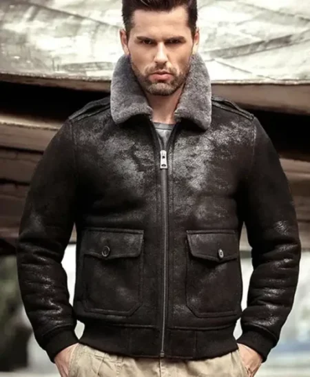 Gabriel Shearling Fur Shoulders Straps Distressed Black G-1 Bomber Leather Jacket