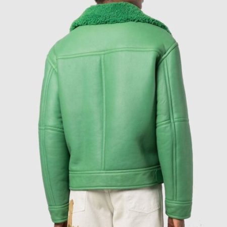Holly Biker Aviator Asymmetrical Shearling Fur Sheepskin Green Leather Jacket.