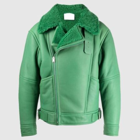 Holly Biker Aviator Asymmetrical Shearling Fur Sheepskin Green Leather Jacket