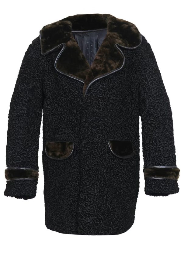 Men’s Sawarka Persian Astrakhan Lamb Sheep Fur Collar Shoulder & Cuffs Straps Coat