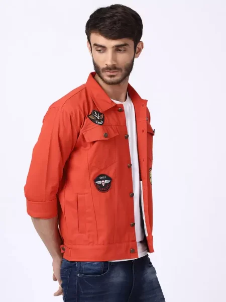 Men's Self Design Orange Denim Military Jacket.