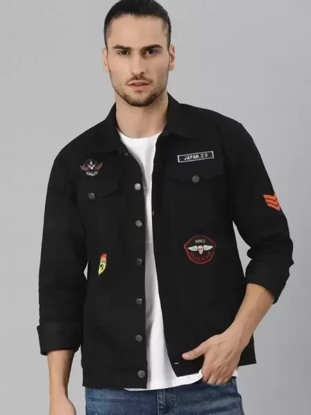 Men's Solid Black Denim Military Jacket