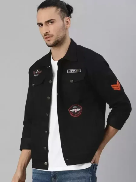 Men's Solid Black Denim Military Jacket.