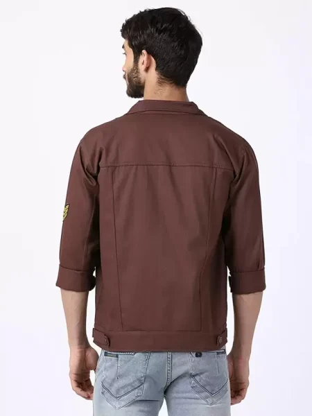 Men's Solid Brown Denim Military Jacket.