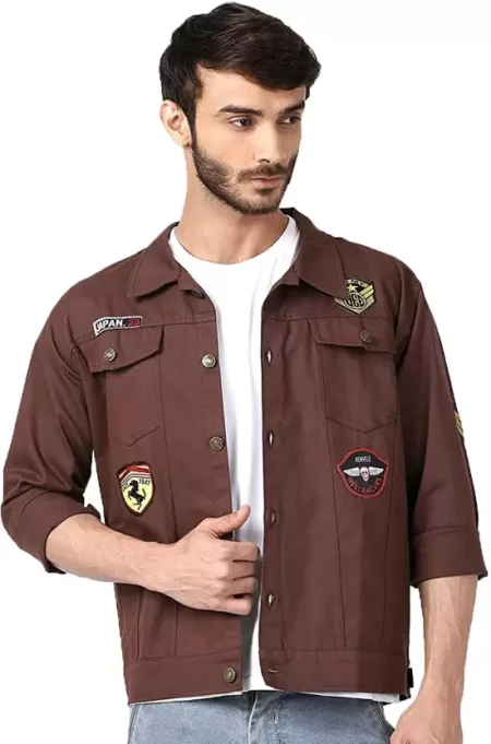 Men's Solid Brown Denim Military Jacket