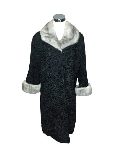 Mink Fur Collar & Cuffs Persian Astrakhan Lamb Women Black Trench Coat