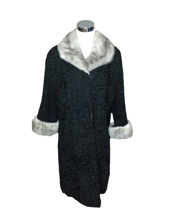 Mink Fur Collar & Cuffs Persian Astrakhan Lamb Women Black Trench Coat