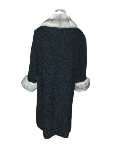 Mink Fur Collar & Cuffs Persian Astrakhan Lamb Women Black Trench Coat.