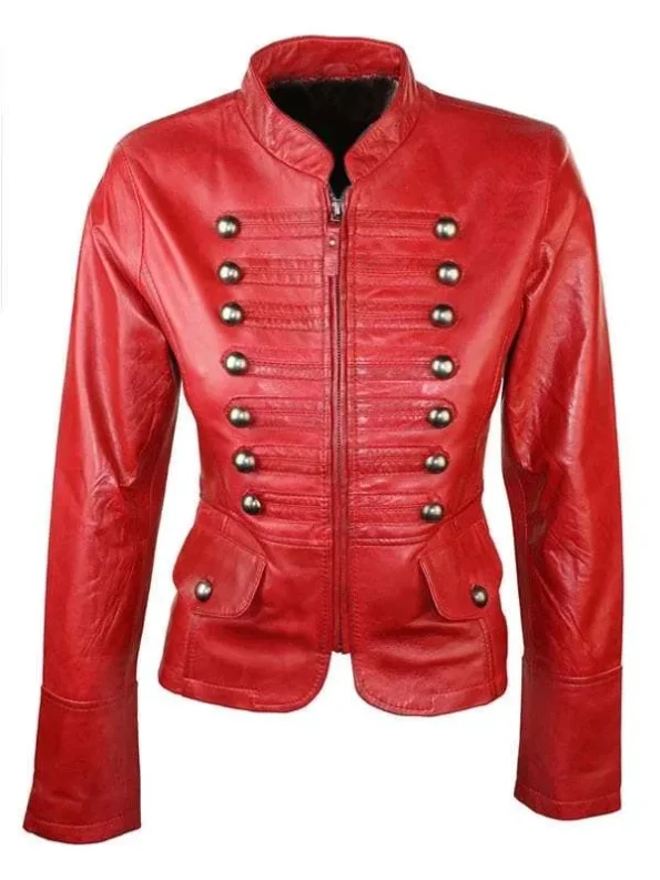 Slim Fit Women Military Style Red Real Leather Parade Jacket