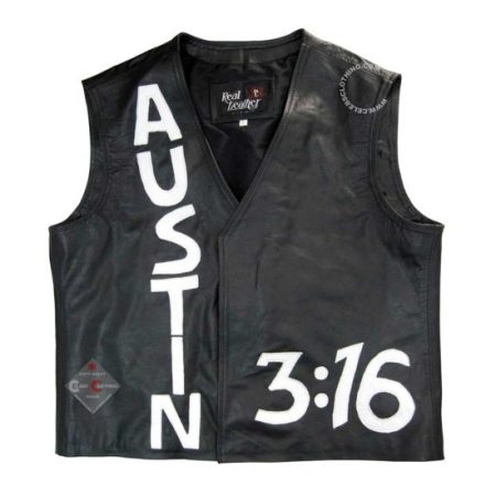 Steve Austin White Skull Stone Cold Black Leather Vest