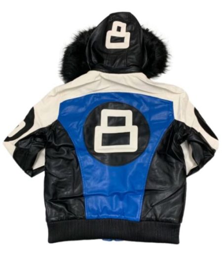 Unisex 8 Ball Black White And Blue Bomber Parka Leather Jacket.