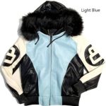 Unisex 8 Ball Black White And Light Blue Bomber Parka Leather Jacket