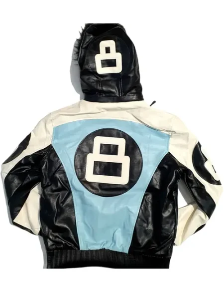 Unisex 8 Ball Black White And Light Blue Bomber Parka Leather Jacket.