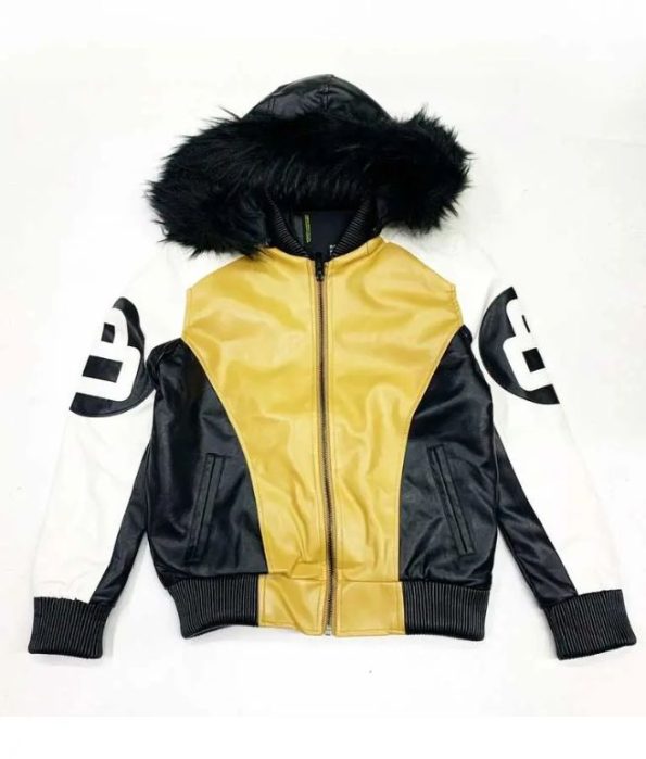 Unisex Khaki And White 8 Ball Fur Hooded Jacket