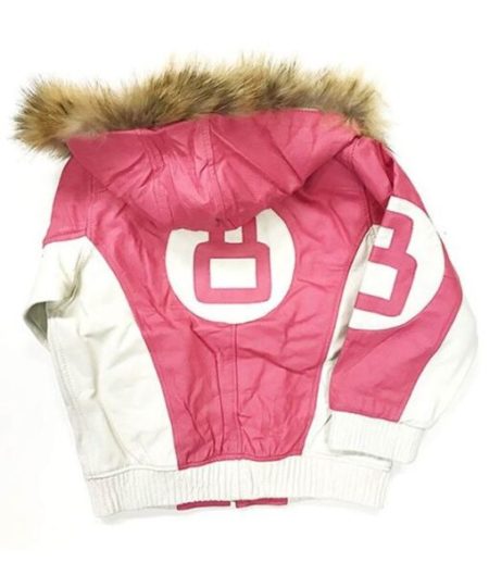 Women's 8 Ball Pink Leather Fur Hooded Jacket.