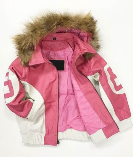 Women's 8 Ball Pink Leather Fur Hooded Jacket