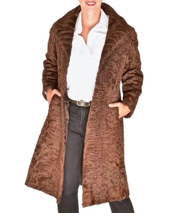 Women’s Swakara Persian Lamb Fur Trench Coat Fox Mink Fur Collar