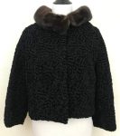 Women’s Vintage 19s Style Bomber Curly Persian Lamb Mink Fur Collar Black Fur Jacket
