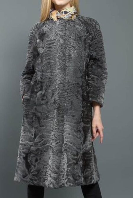 Women’s Winter Sawarka Persian Astrakhan Lamb Fur Grey Trench Coat.