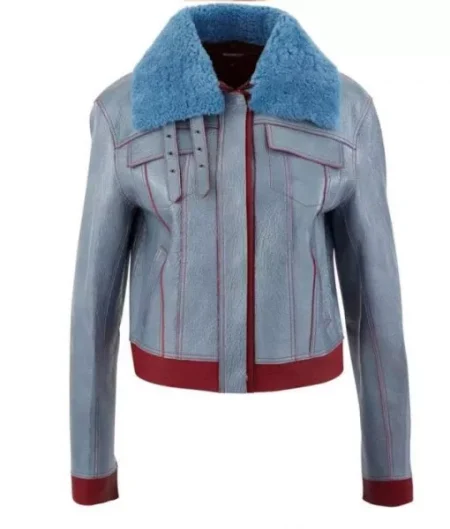 Zoe Chao Love Life Sara Yang Fur Collar Blue Genuine Leather Jacket