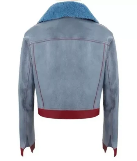 Zoe Chao Love Life Sara Yang Fur Collar Blue Genuine Leather Jacket.