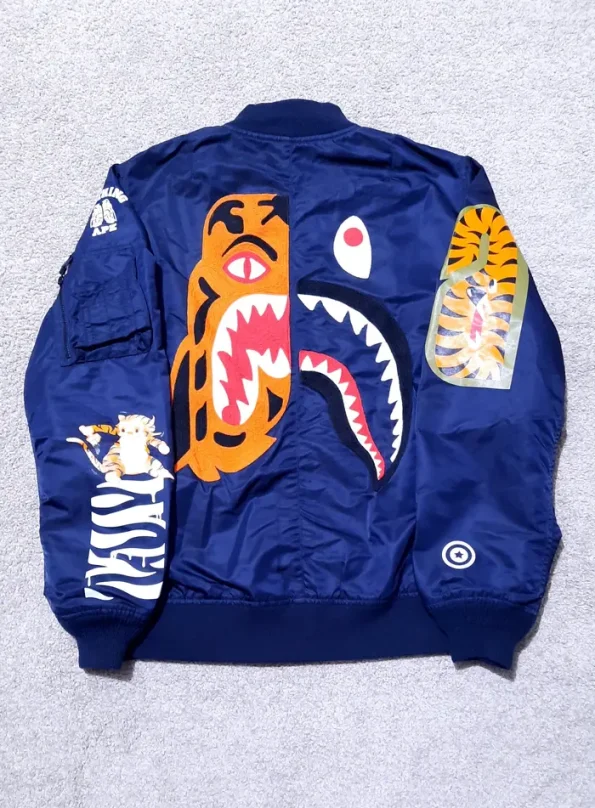 Bape Split Tiger Shark Ma-1 Blue Bomber Jacket.