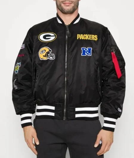 Green Bay Packers Ma-1 Bomber Black Full-zip Satin Jacket