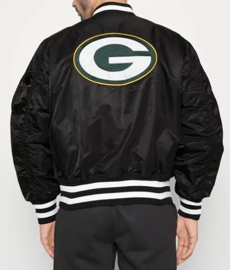 Green Bay Packers Ma-1 Bomber Black Full-zip Satin Jacket.