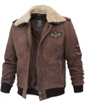 Men's G1 Brown Leather Bomber Jacket With Shearling Collar