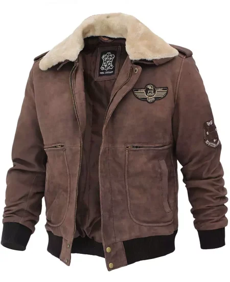 Men's G1 Brown Leather Bomber Jacket With Shearling Collar