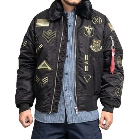 Military Ma-1 Detachable Collar Black Flight Bomber Jacket.