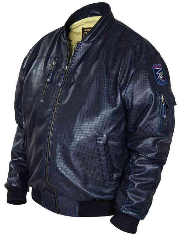 Perforated Ma-1 Navy Blue Leather Bomber Jacket
