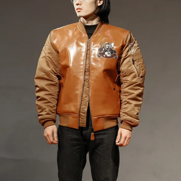 Tom And Jerry Street And Track Brown A-2 Leather Bomber Jacket.