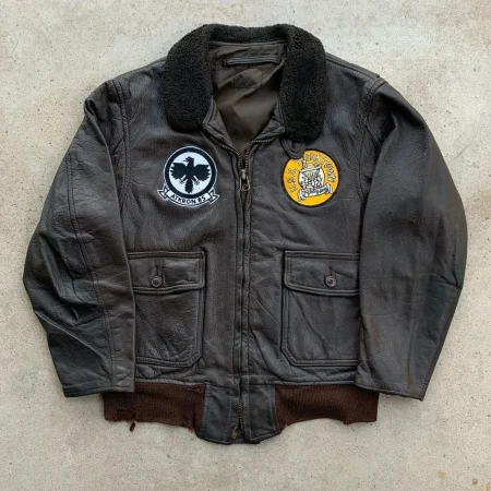 Atkron 85 Vintage G-1 Patches Black Leather Flight Jacket