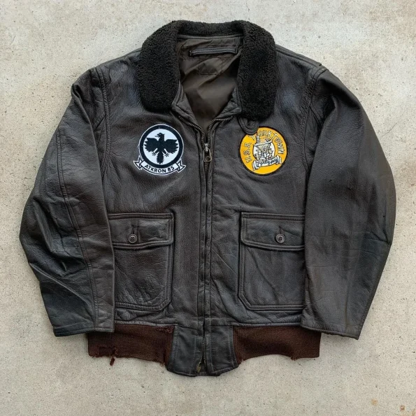 Atkron 85 Vintage G-1 Patches Black Leather Flight Jacket