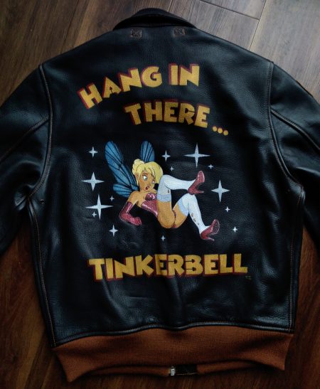 Hang In There Tinkerbell A-2 Black Leather Bomber Jacket.